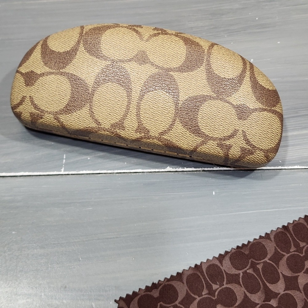 Coach Signature Monogram Hard Eyeglass Case Khaki Brown with Cleaning Cloth